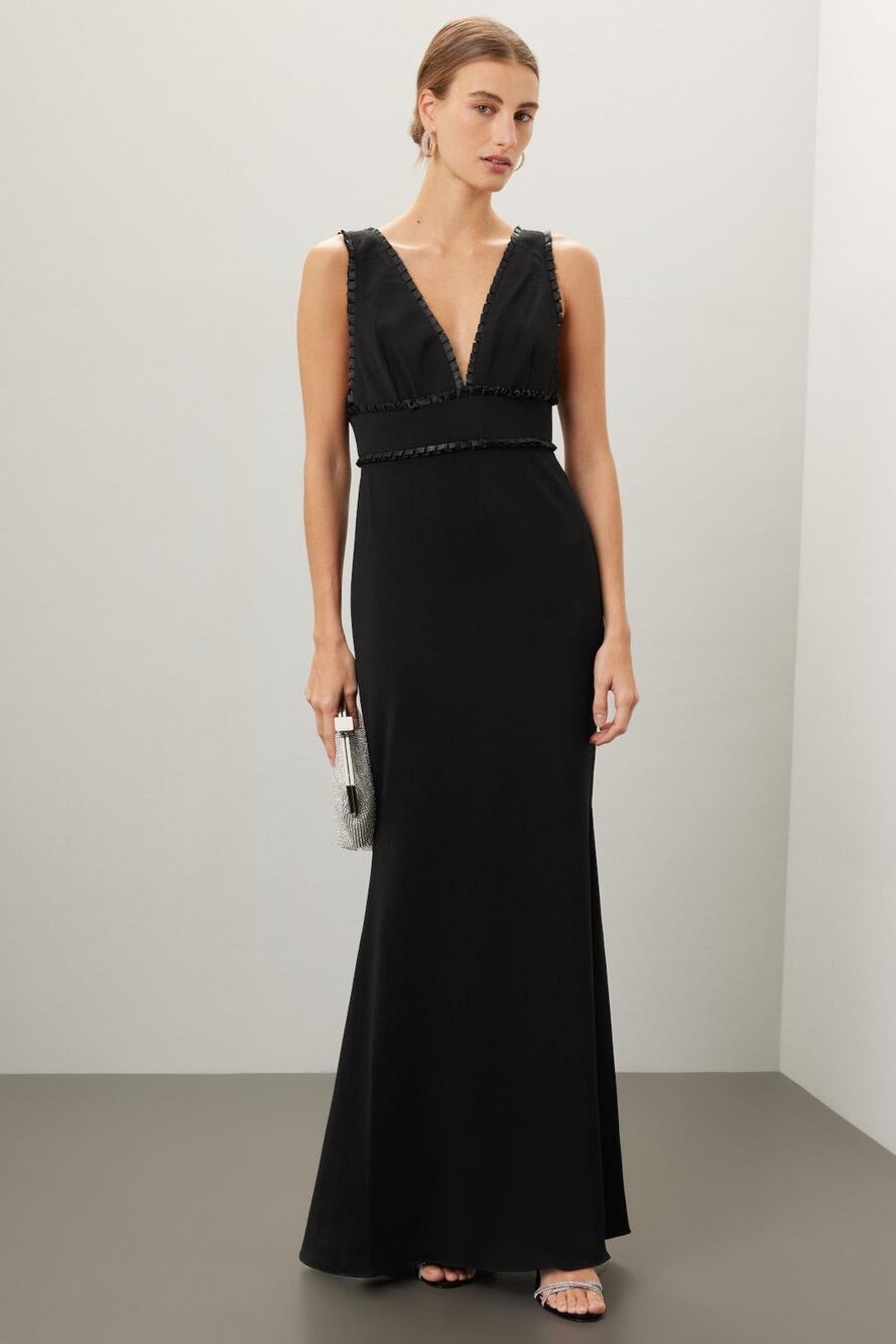 Badgley Mischka Pleated Trim Black V-Neck Sleeveless Mermaid Sheath Gown Size 0